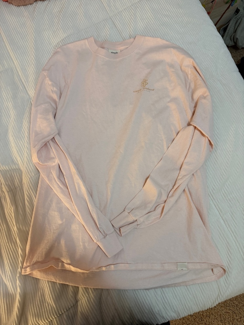 Simply Southern woman’s Long Sleeve Tee in Pale Pink with Gold Logo